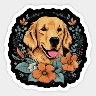 A Golden Retriever surrounded with Lilies, illustration Sticker